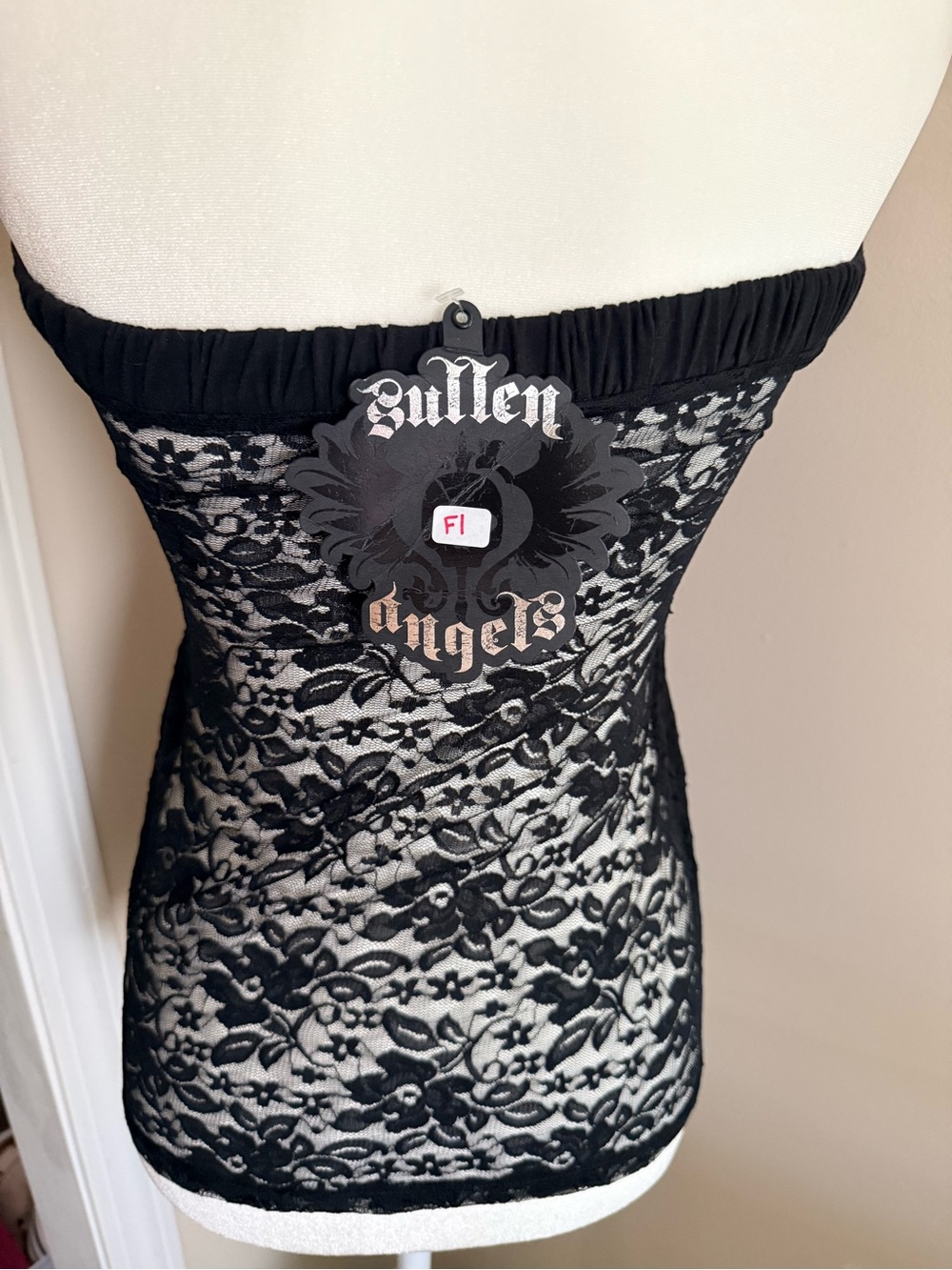 Womens Black Strapless Tunic Top with Purple Graphic - Picture 4 of 5